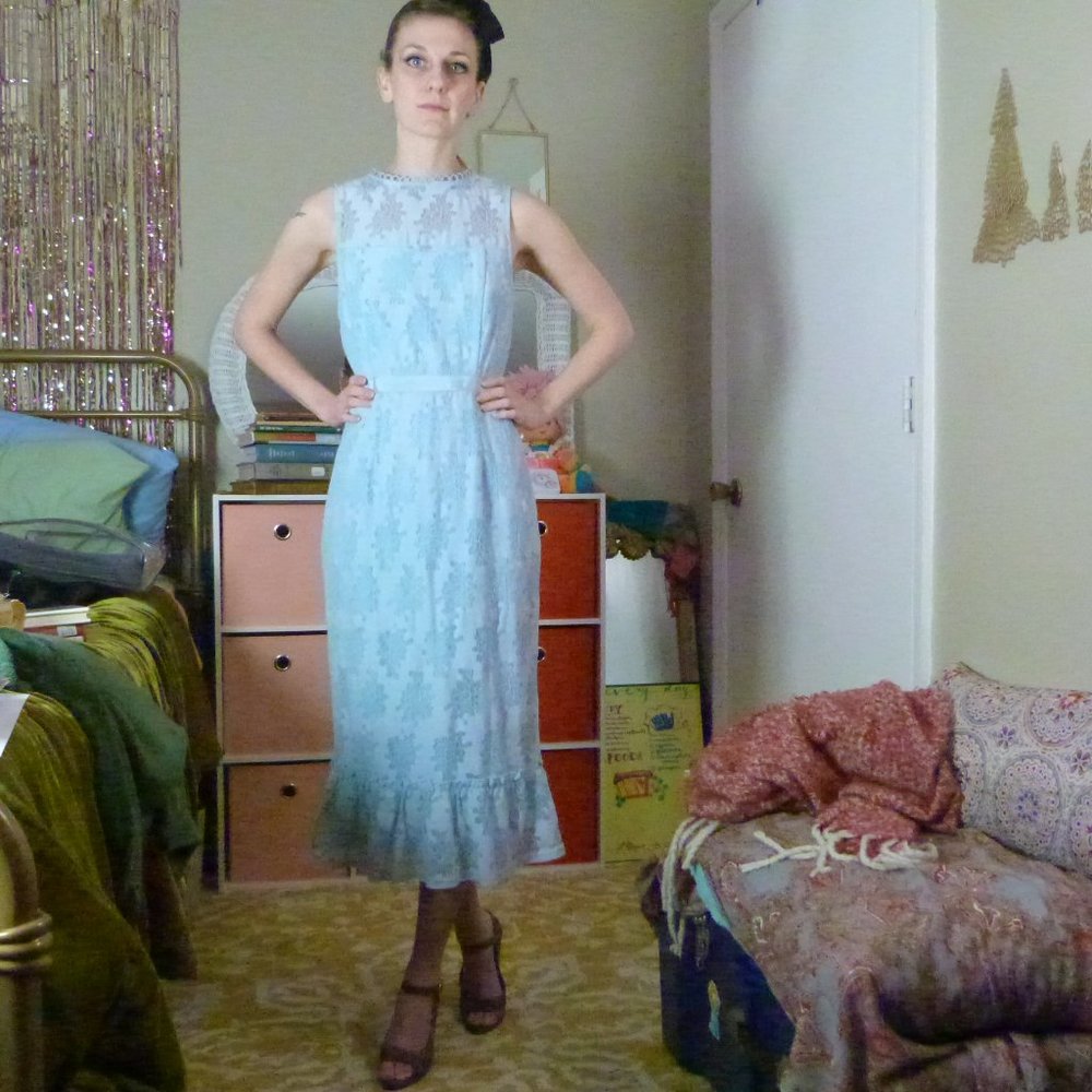 Blue Lace Sheath Dress (Tea Length)
